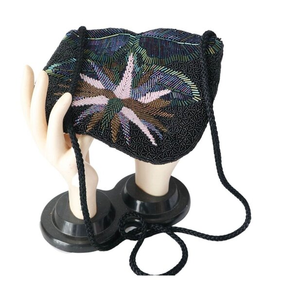 Vintage Beaded Handbag Purse Evening ClutchBlack 1980s - Picture 1 of 6